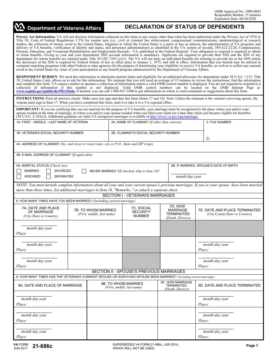 VA Form 21-686c Declaration of Status of Dependents, Page 1