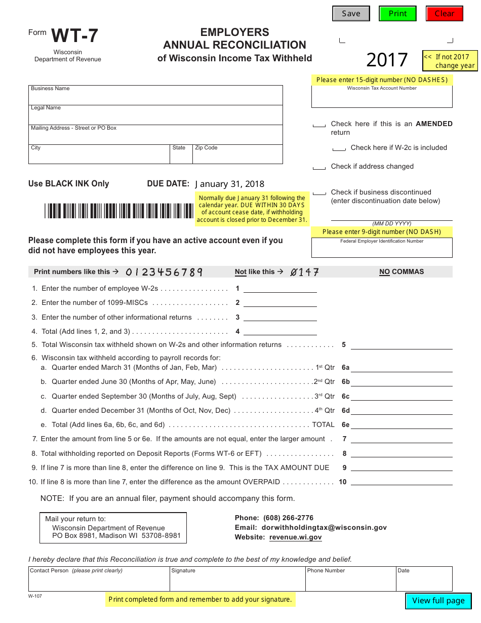 Form WT-7 Employers Annual Reconciliation of Wisconsin Income Tax Withheld - Wisconsin, Page 1