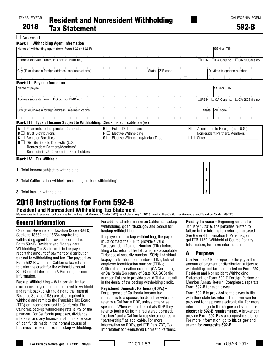 Form 592-B Resident and Nonresident Withholding Tax Statement - California, Page 1