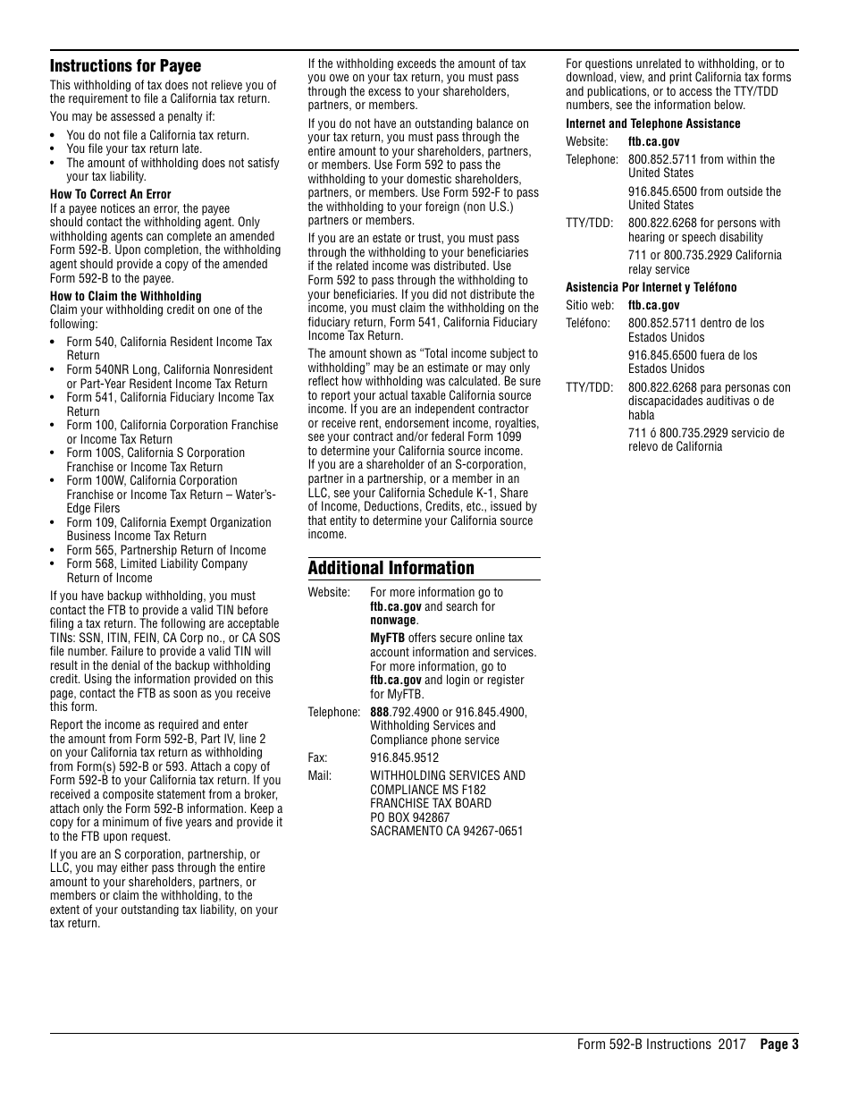 Form 592-B Resident and Nonresident Withholding Tax Statement - California, Page 3