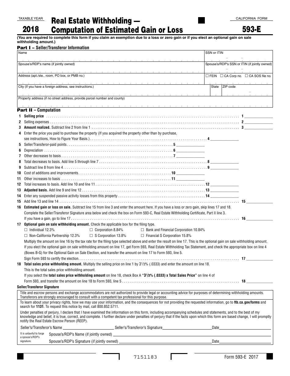 Form 593-E Real Estate Withholding - Computation of Estimated Gain or Loss - California, Page 1