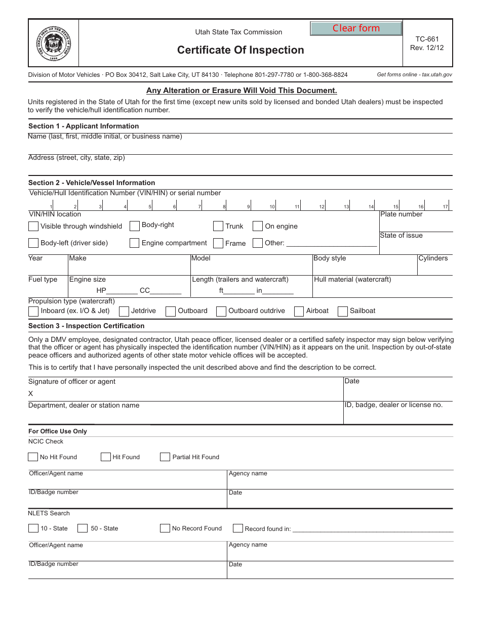 Form TC-661 Certificate of Inspection - Utah, Page 1