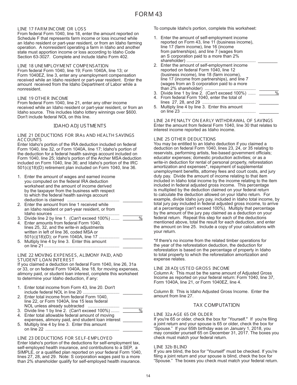 Instructions for Form 40, 43, 39R, 39NR Individual Income Tax - Idaho, Page 15