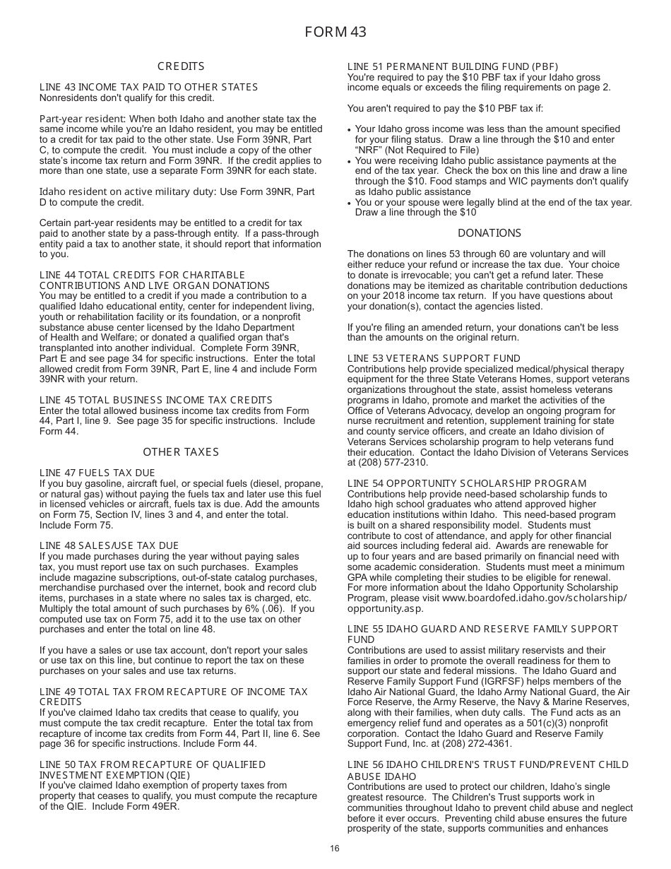 Instructions for Form 40, 43, 39R, 39NR Individual Income Tax - Idaho, Page 17
