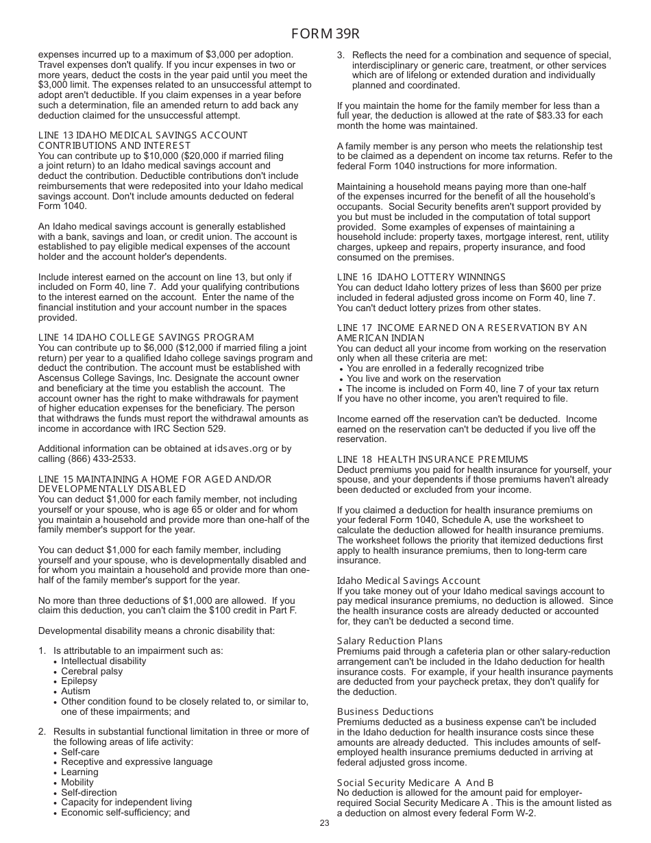 Instructions for Form 40, 43, 39R, 39NR Individual Income Tax - Idaho, Page 24