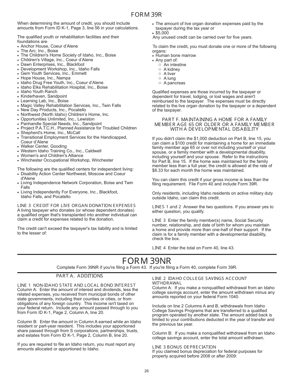 Instructions for Form 40, 43, 39R, 39NR Individual Income Tax - Idaho, Page 27