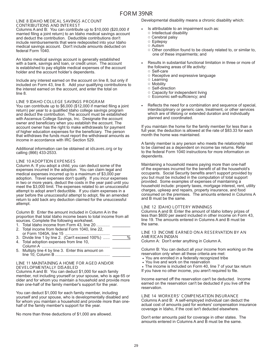 Instructions for Form 40, 43, 39R, 39NR Individual Income Tax - Idaho, Page 30