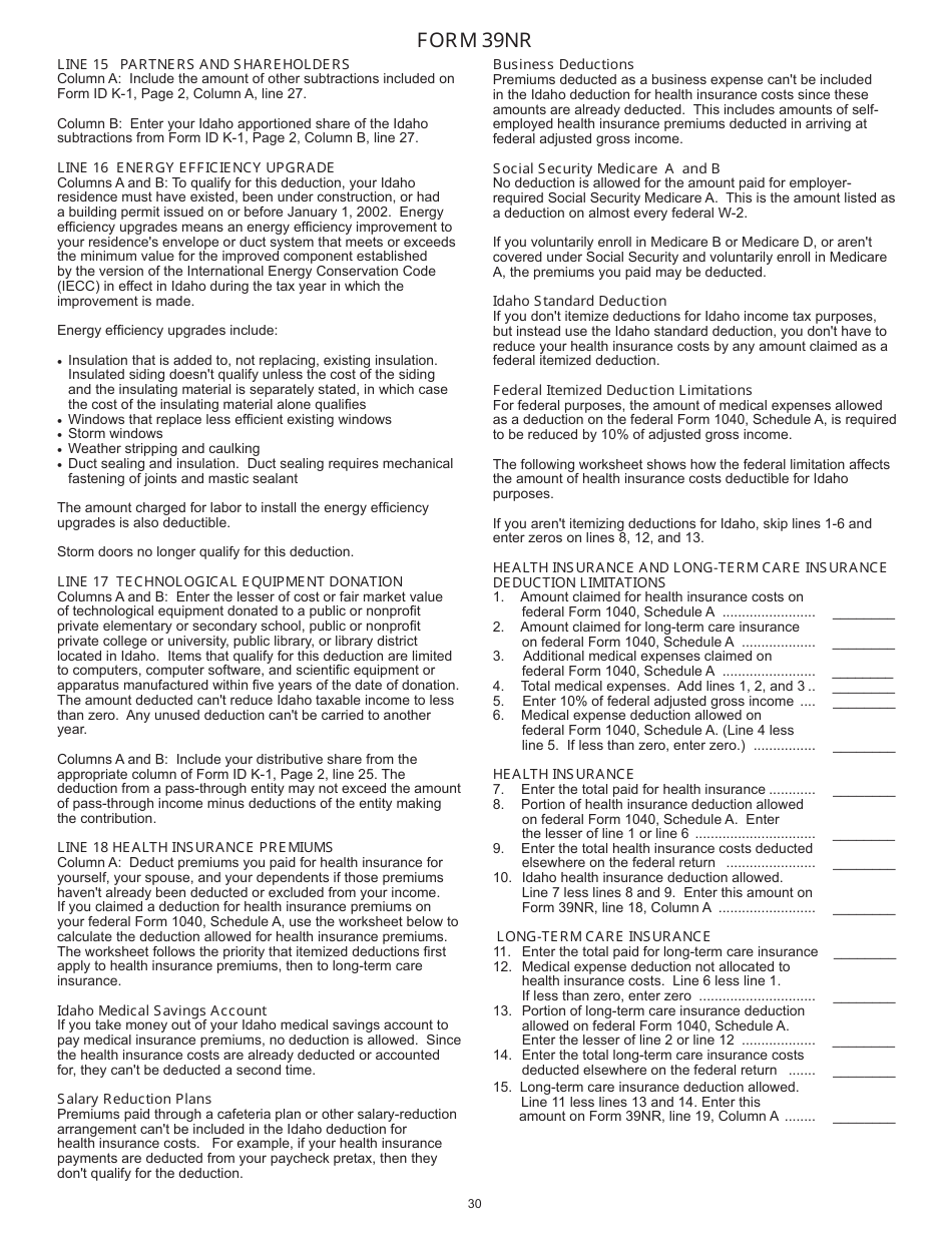 Instructions for Form 40, 43, 39R, 39NR Individual Income Tax - Idaho, Page 31