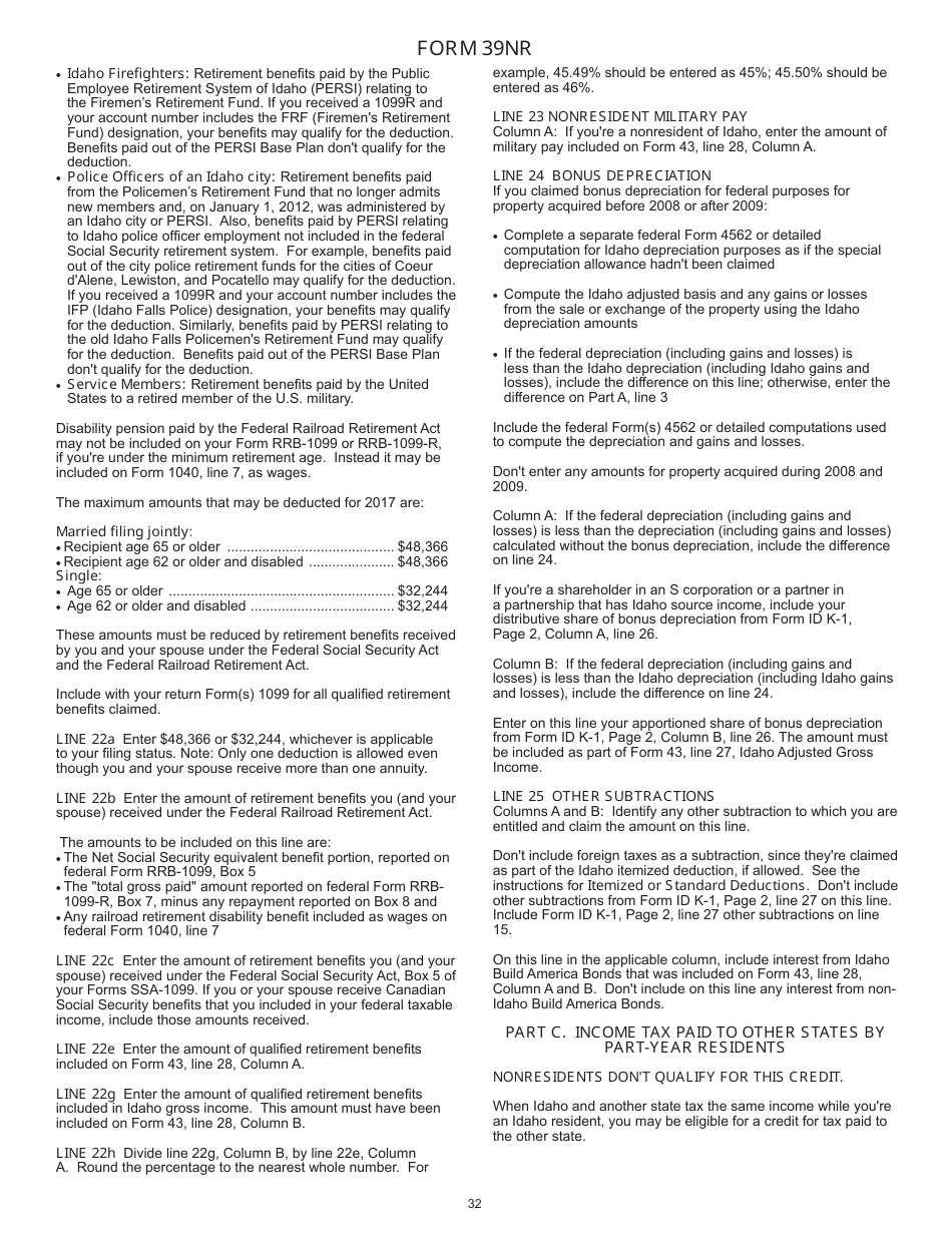 Instructions for Form 40, 43, 39R, 39NR Individual Income Tax - Idaho, Page 33