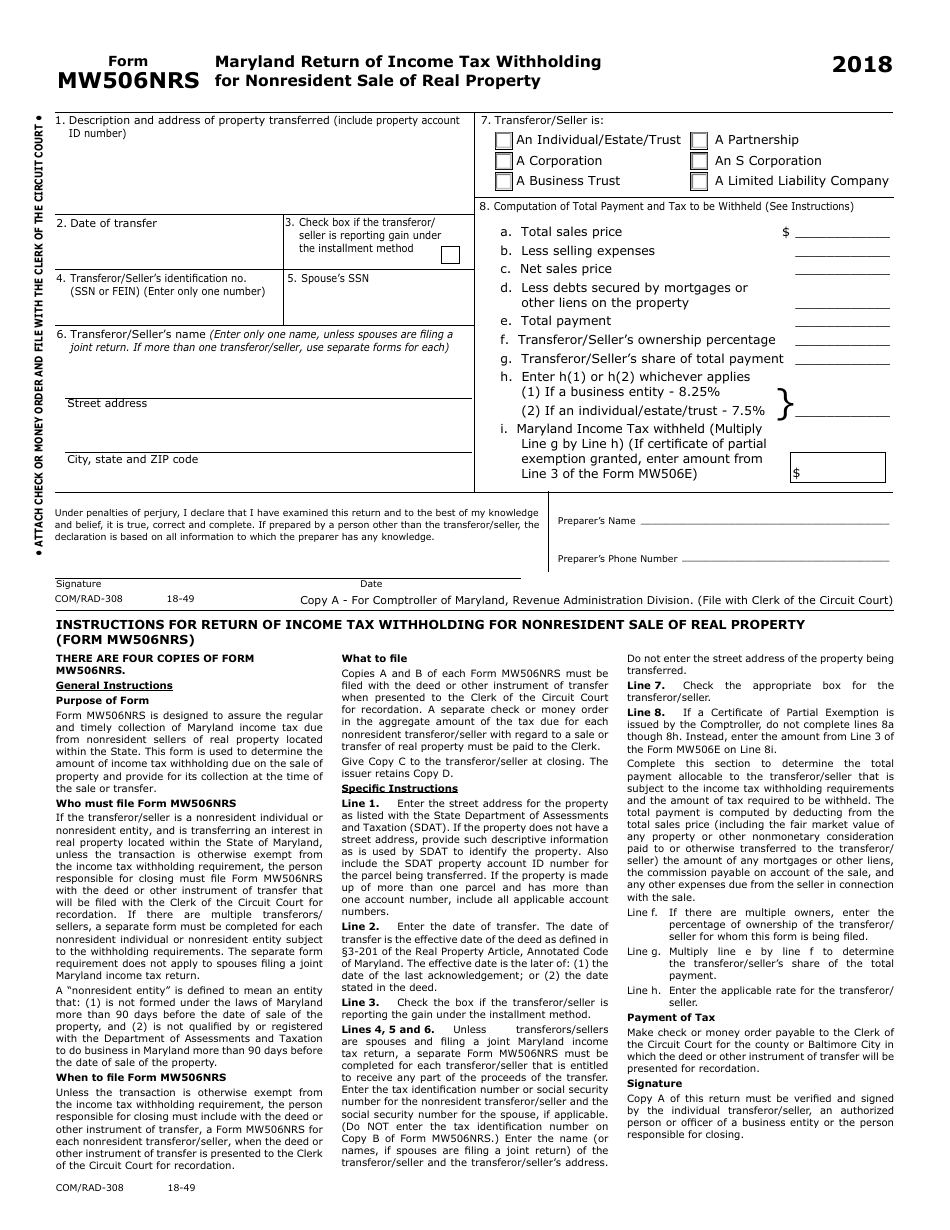 Form MW506NRS Maryland Return of Income Tax Withholding for Nonresident Sale of Real Property - Maryland, Page 1