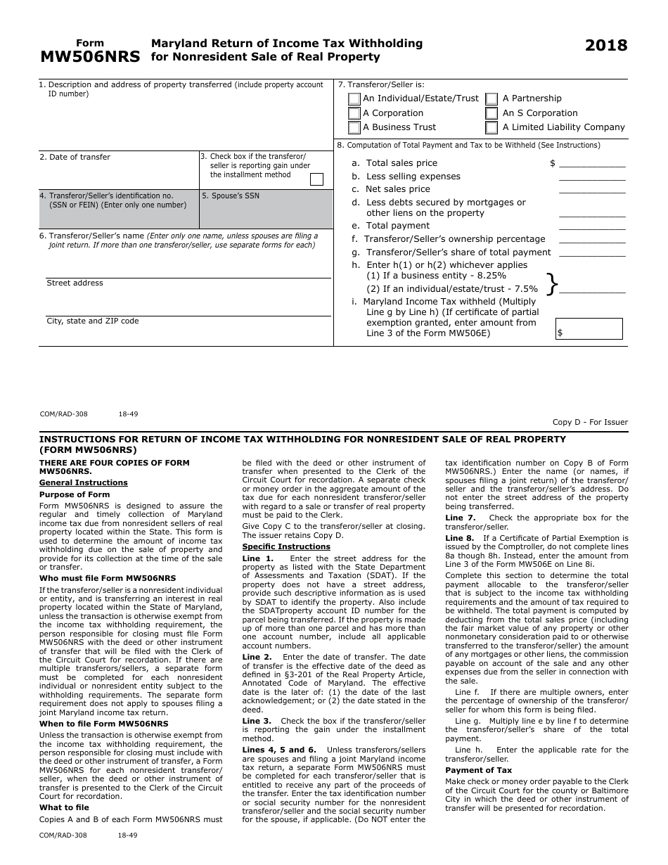 Form MW506NRS Maryland Return of Income Tax Withholding for Nonresident Sale of Real Property - Maryland, Page 4
