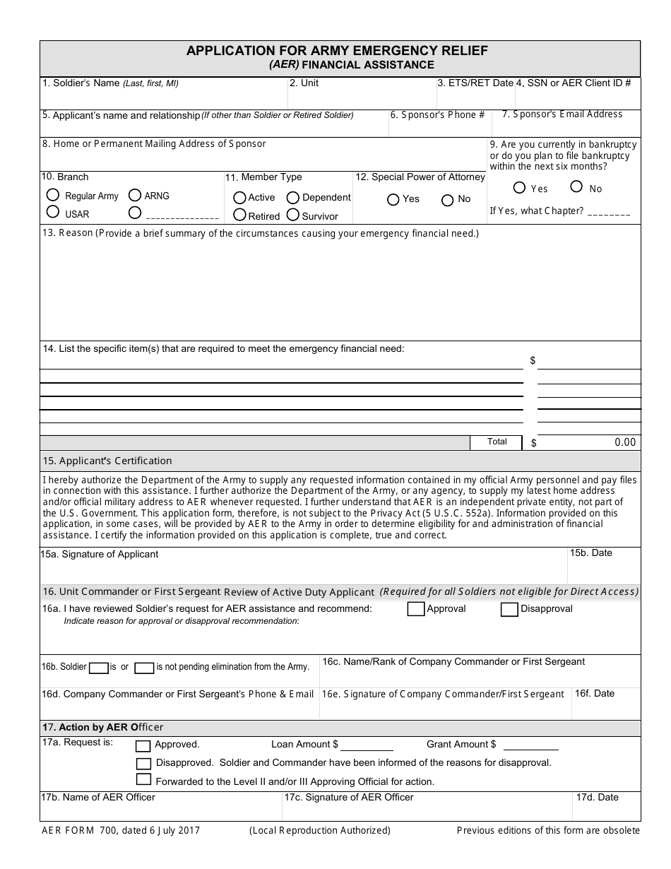 AER Form 700 Application for Army Emergency Relief (AER) Financial Assistance, Page 1