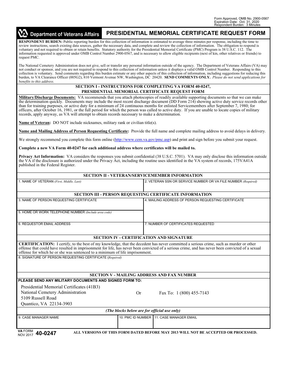 VA Form 40-0247 Presidential Memorial Certificate Request Form, Page 1