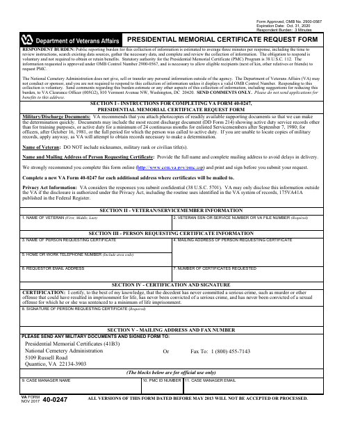VA Form 40-0247 Presidential Memorial Certificate Request Form