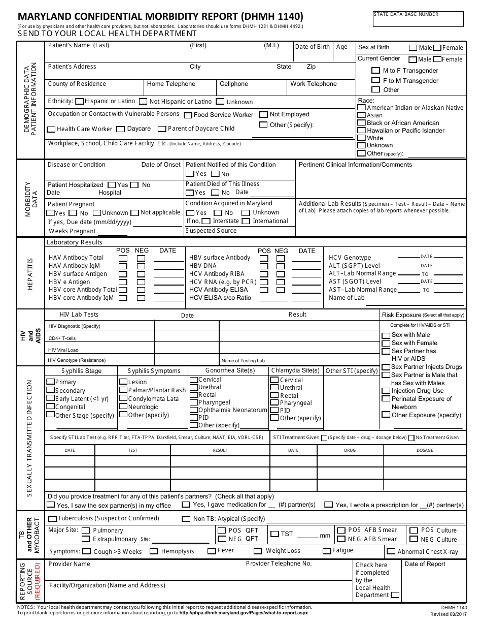 Form DHMH1140 Maryland Confidential Morbidity Report - Maryland, Page 1