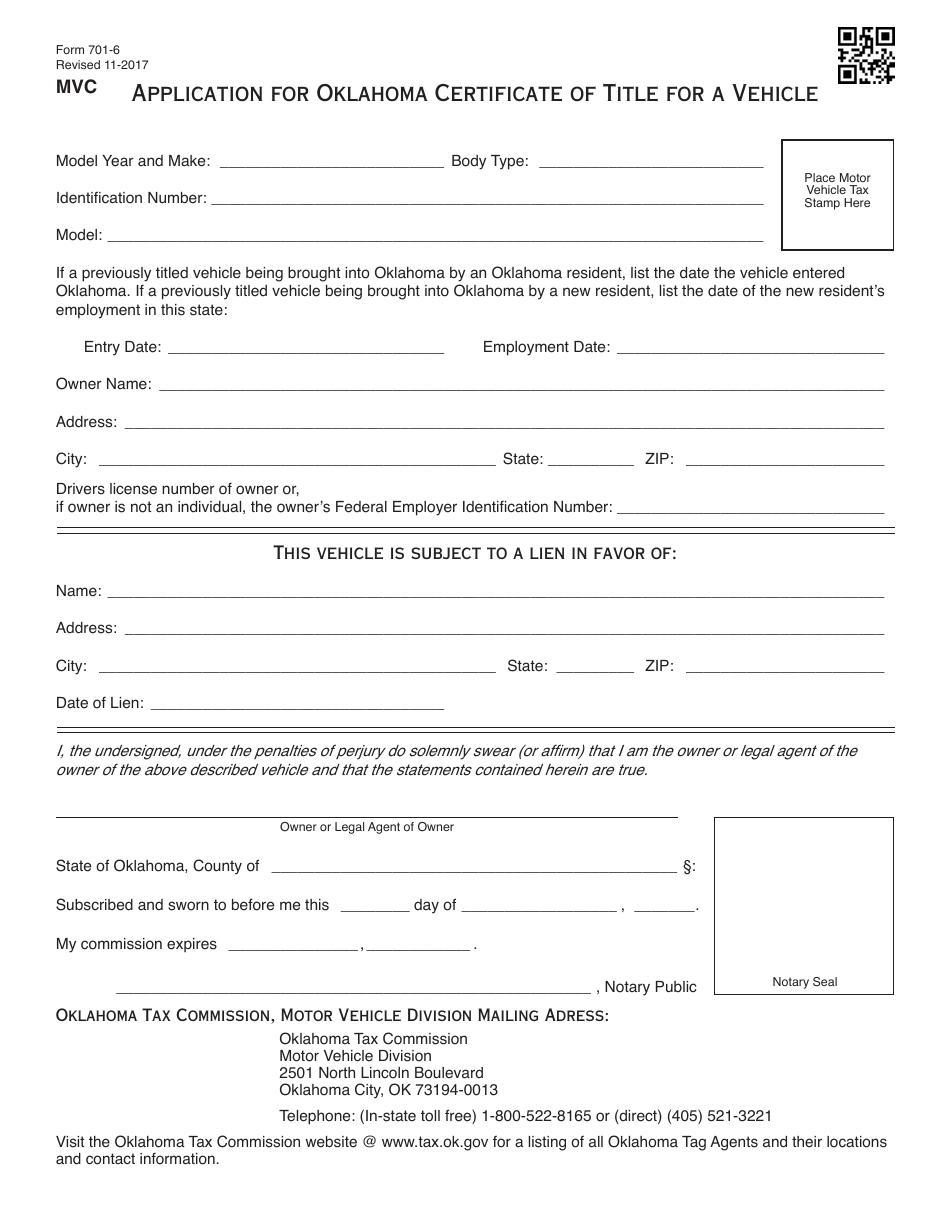 OTC Form 701-6 Application for Oklahoma Certificate of Title for a Vehicle - Oklahoma, Page 1