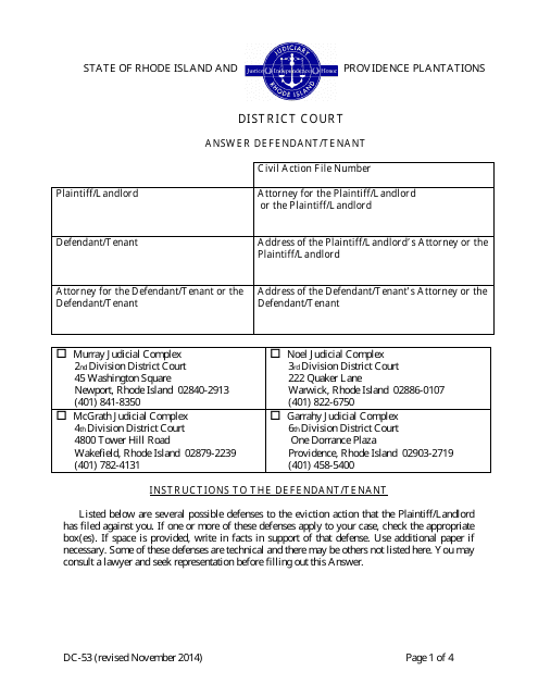 Form DC-53 Defendant/Tenant&#039;s Answer - District Court - Rhode Island