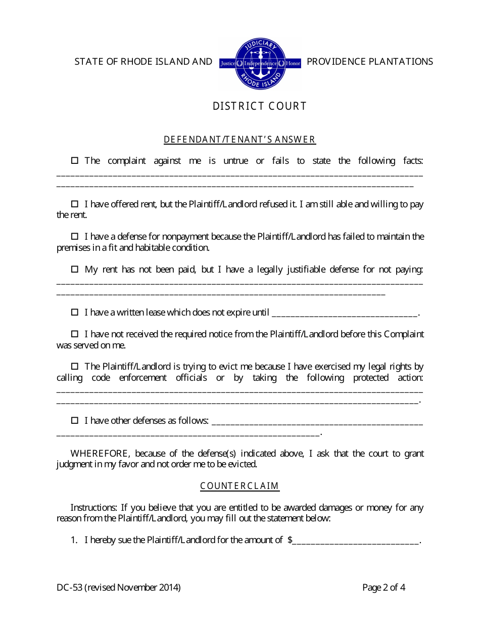 Form DC-53 Defendant / Tenants Answer - District Court - Rhode Island, Page 2