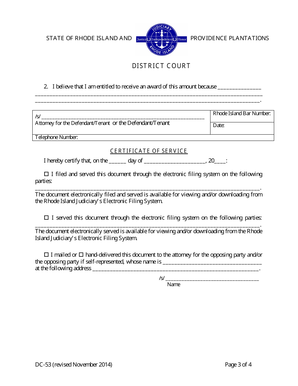 Form DC-53 Defendant / Tenants Answer - District Court - Rhode Island, Page 3