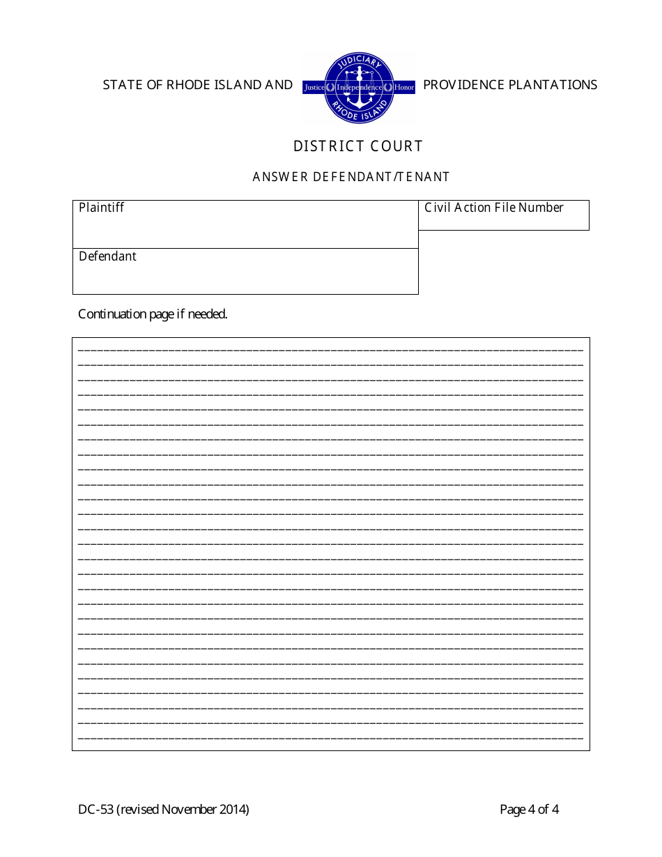 Form DC-53 Defendant / Tenants Answer - District Court - Rhode Island, Page 4