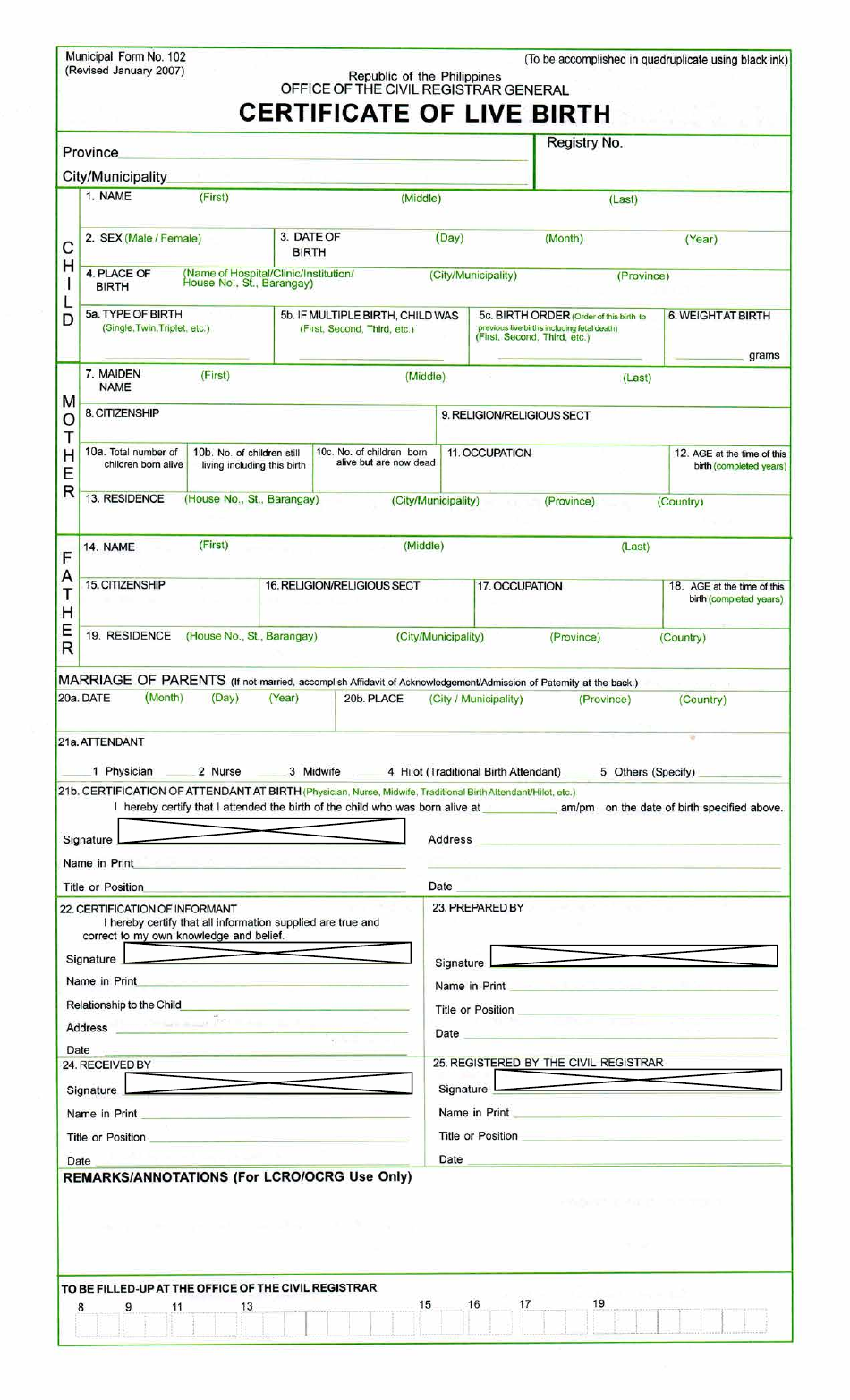 Form 102 Certificate of Live Birth - Philippines, Page 1