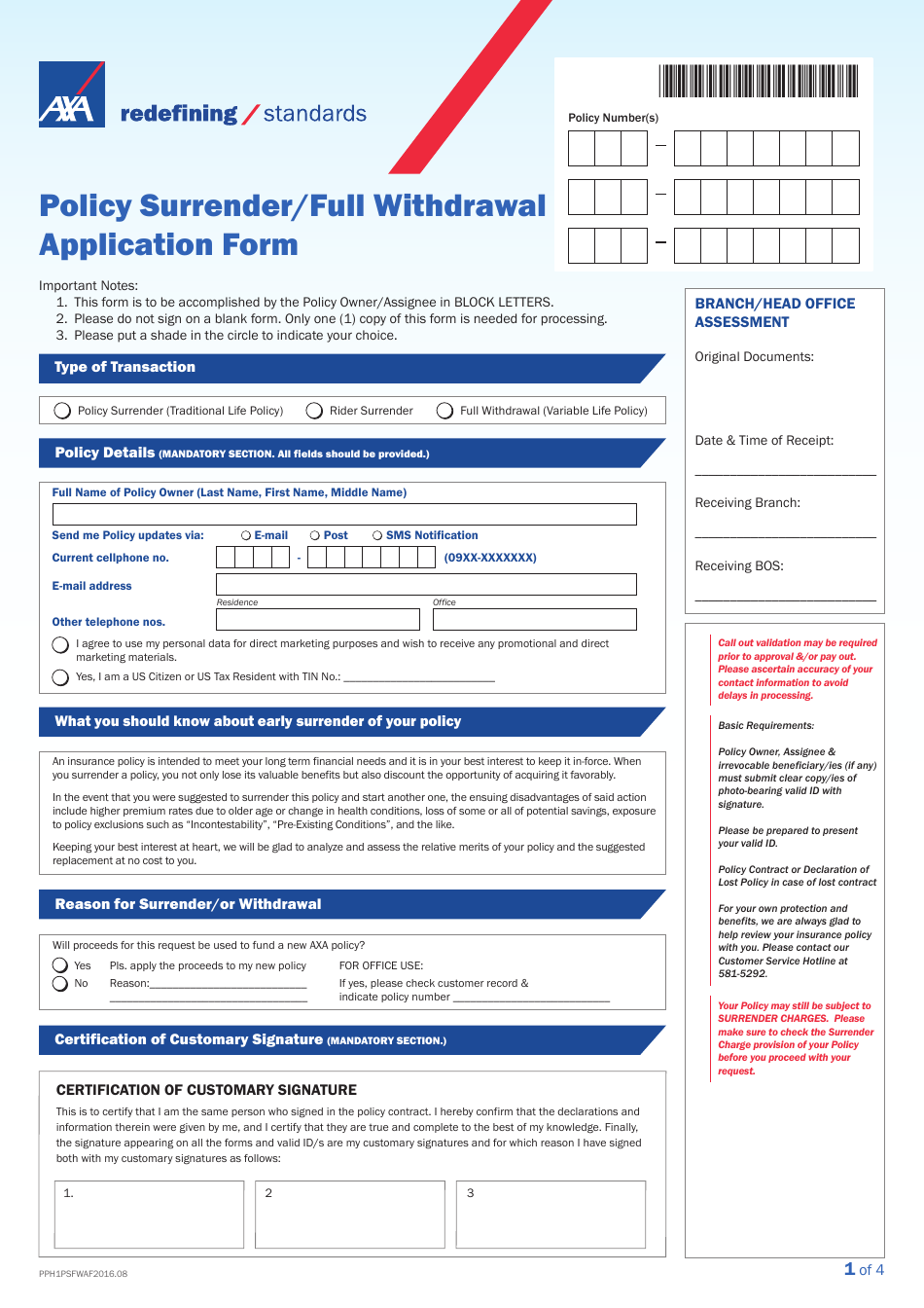 Policy Surrender/Full Withdrawal Application Form - Axa Equitable Life Insurance - Philippines, Page 1