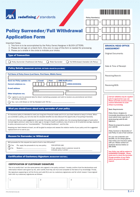 Policy Surrender/Full Withdrawal Application Form - Axa Equitable Life Insurance - Philippines