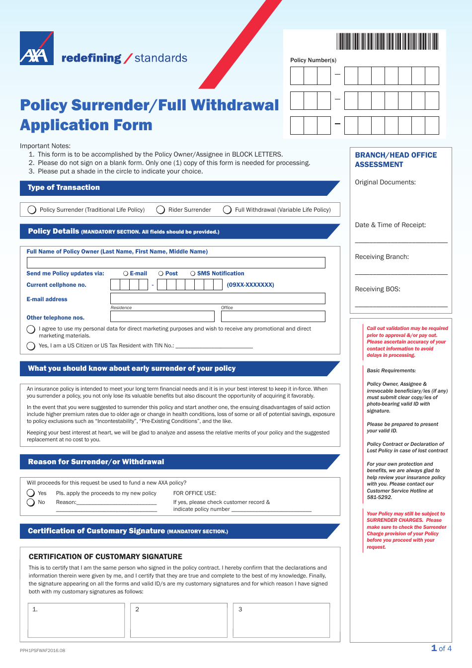 Philippines Policy Surrender/Full Withdrawal Application Form