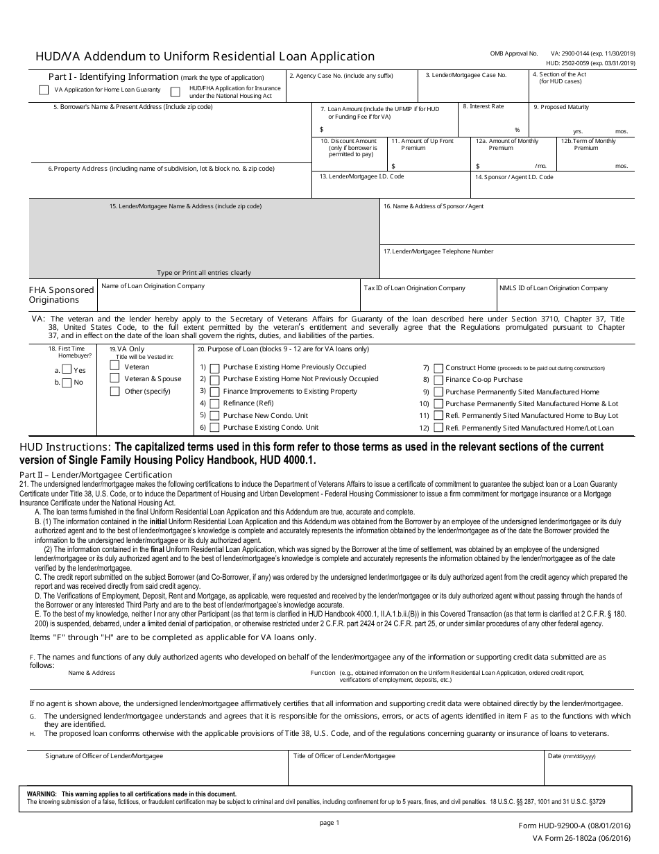 Form HUD-92900-A (VA Form 26-1802A) Hud / VA Addendum to Uniform Residential Loan Application, Page 1