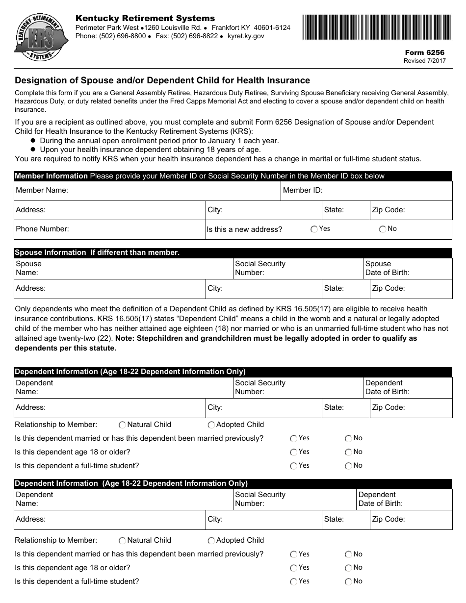 Form 6256 Designation of Spouse and / or Dependent Child for Health Insurance - Kentucky, Page 1