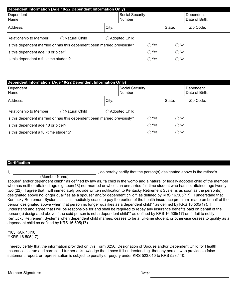 Form 6256 Designation of Spouse and / or Dependent Child for Health Insurance - Kentucky, Page 2