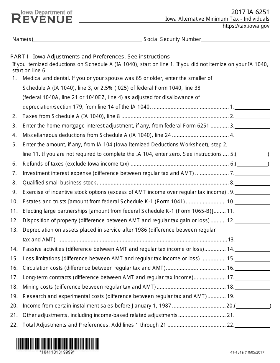 Form IA6251 Iowa Alternative Minimum Tax - Individuals - Iowa, Page 1