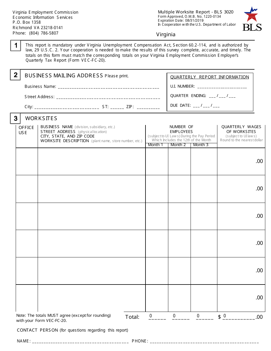 Form BLS3020 Multiple Worksite Report - Virginia, Page 1