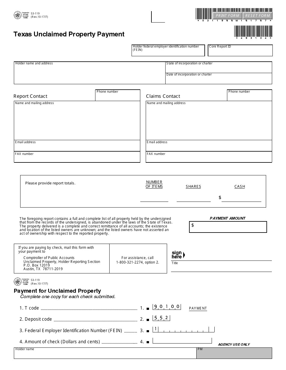 Form 53-119 Texas Unclaimed Property Payment - Texas, Page 1