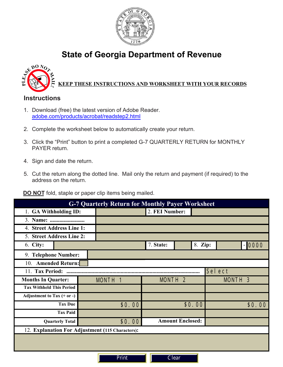 Form G-7 Quarterly Return for Monthly Payer - Georgia (United States), Page 1