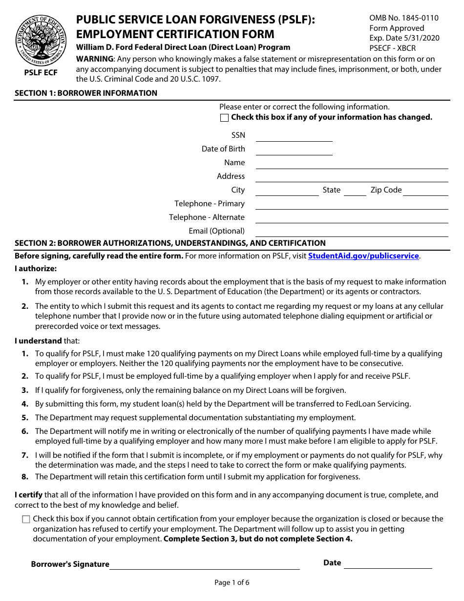 Form PSLF ECF Public Service Loan Forgiveness (Pslf): Employment Certification Form, Page 1