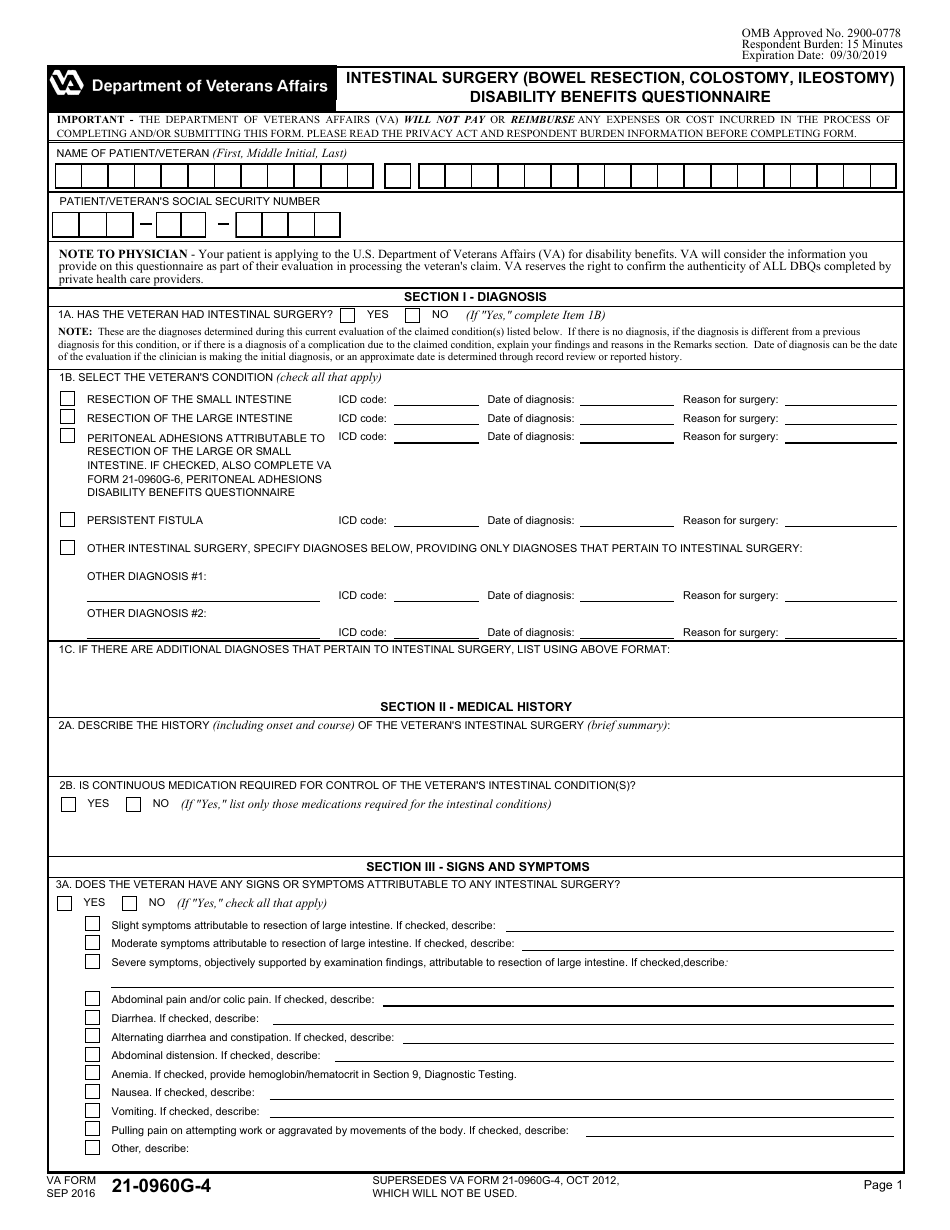 VA Form 21-0960G-4 Intestinal Surgery (Bowel Resection, Colostomy, Ileostomy) Disability Benefits Questionnaire, Page 1
