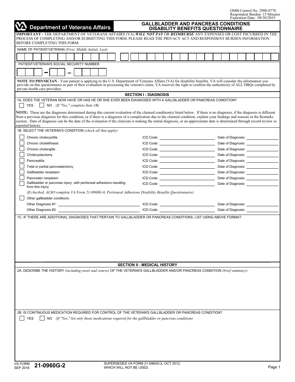 VA Form 21-0960G-2 Gallbladder and Pancreas Conditions Disability Benefits Questionnaire, Page 1