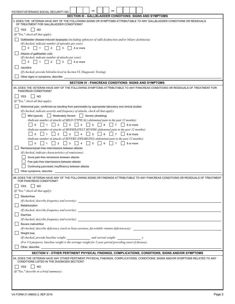 VA Form 21-0960G-2 Gallbladder and Pancreas Conditions Disability Benefits Questionnaire, Page 2