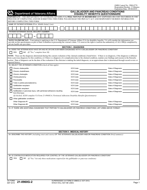 VA Form 21-0960G-2 Gallbladder and Pancreas Conditions Disability Benefits Questionnaire