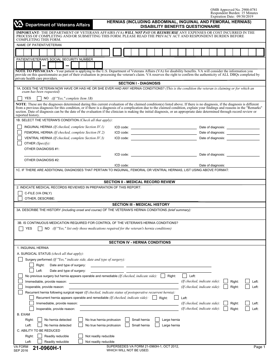 VA Form 21-0960H-1 Hernias (Including Abdominal, Inguinal and Femoral Hernias) Disability Benefits Questionnaire, Page 1