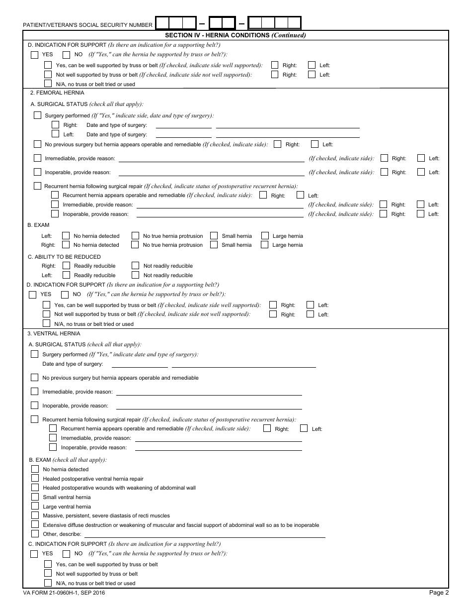 VA Form 21-0960H-1 Hernias (Including Abdominal, Inguinal and Femoral Hernias) Disability Benefits Questionnaire, Page 2