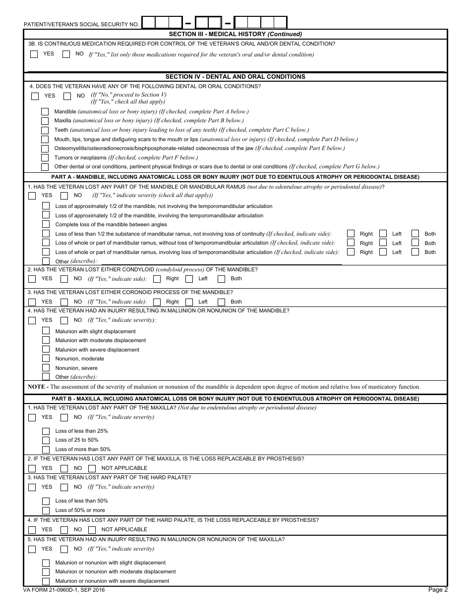 VA Form 21-0960D-1 Oral and Dental Conditions Including Mouth, Lips and Tongue (Other Than Temporomandibular Joint Conditions) Disability Benefits Questionnaire, Page 2