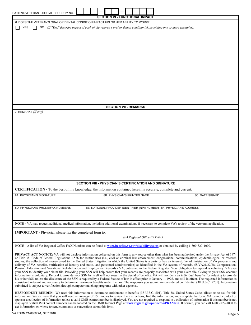 VA Form 21-0960D-1 Oral and Dental Conditions Including Mouth, Lips and Tongue (Other Than Temporomandibular Joint Conditions) Disability Benefits Questionnaire, Page 5
