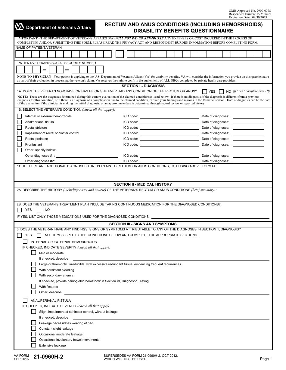 VA Form 21-0960H-2 Rectum and Anus Conditions (Including Hemorrhoids) Disability Benefits Questionnaire, Page 1