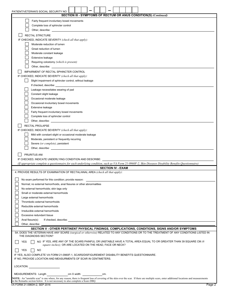 VA Form 21-0960H-2 Rectum and Anus Conditions (Including Hemorrhoids) Disability Benefits Questionnaire, Page 2