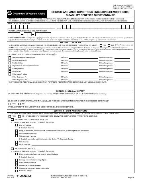 VA Form 21-0960H-2 Rectum and Anus Conditions (Including Hemorrhoids) Disability Benefits Questionnaire