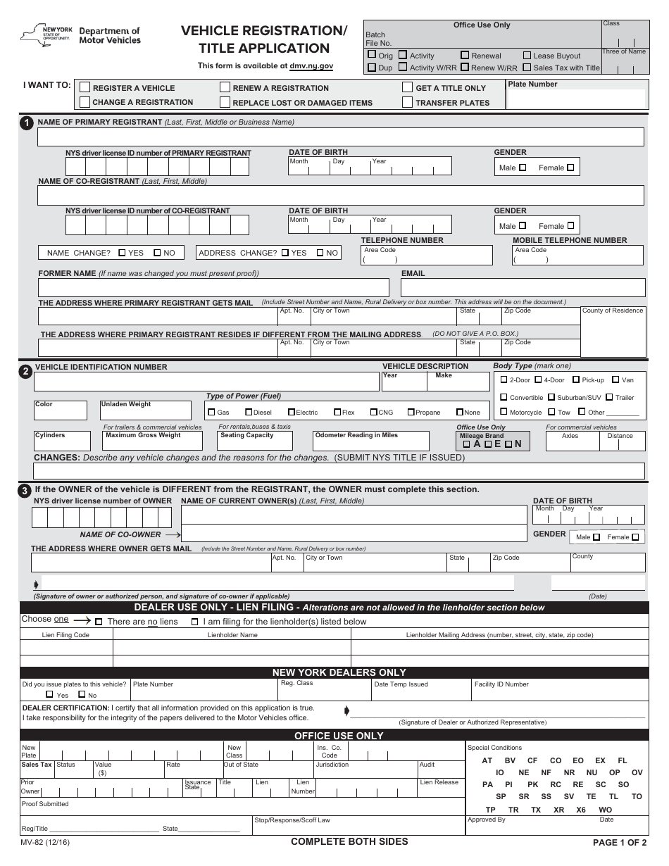Form MV-82 Vehicle Registration / Title Application - New York, Page 1