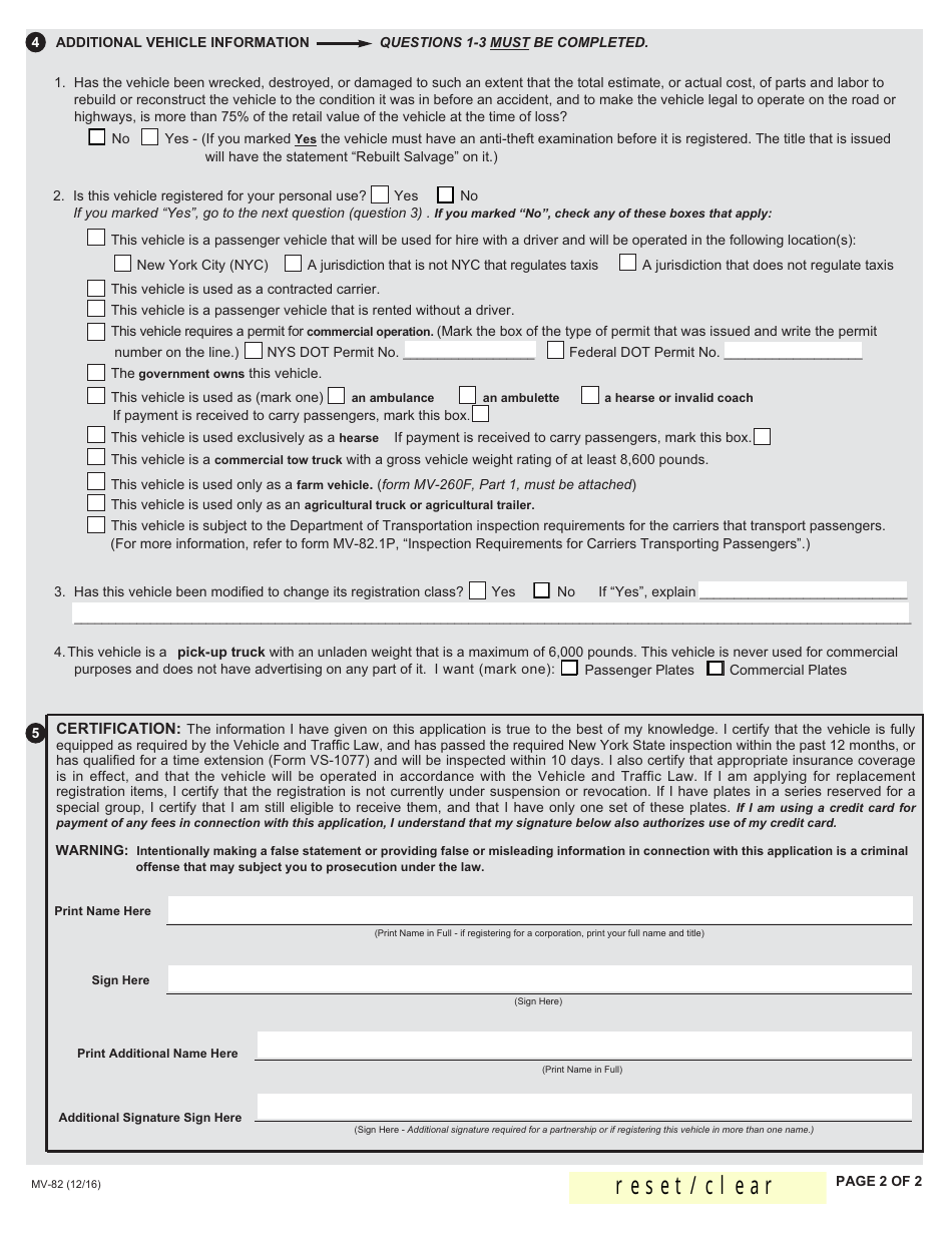 Form MV-82 Vehicle Registration / Title Application - New York, Page 2