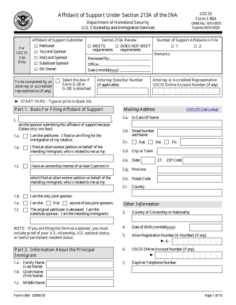 USCIS Form I-864 Affidavit of Support Under Section 213a of the Ina, Page 1